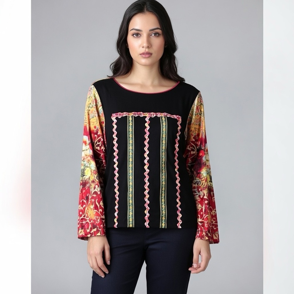 Women’s Bohemian‎ Blouse Floral Print Sleeves Black Multicolor Top Vintage Style